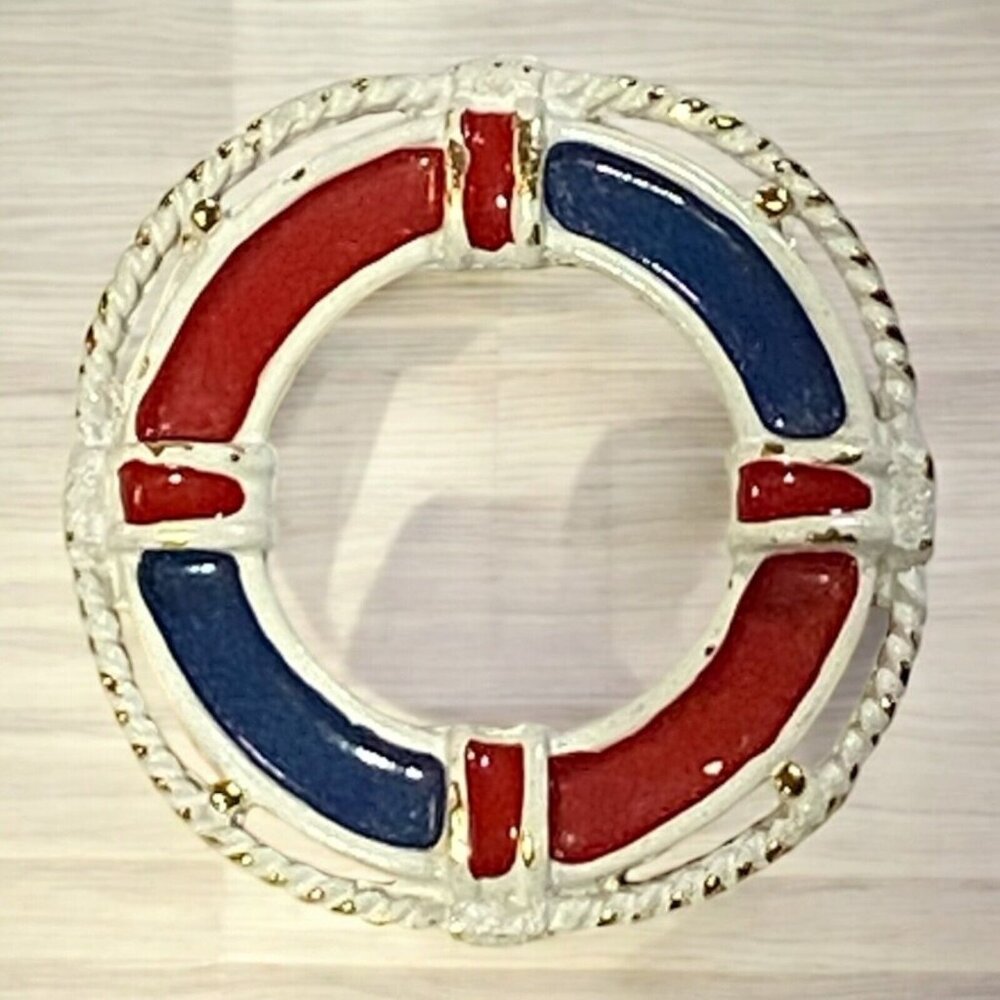 Vtg Nautical Life Preserver Beach Brooch Red White Blue Gold Tone Enamel Pin